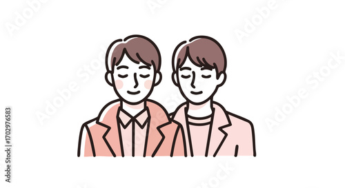 Two happy young men embracing with closed eyes and gentle smiles, conveying warmth and connection.