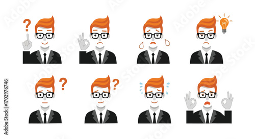 Creative professional's varied emotions and ideas, from questioning to brilliant insight