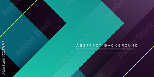 Abstract dynamic background with green arrow on dark purple color background. Trendy shapes pattern overlap design. Eps10 vector