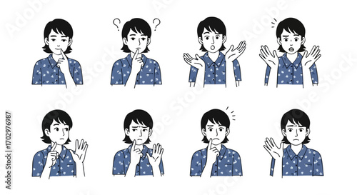 Young woman displaying various expressions of thinking, confusion, and surprise in clear illustrations