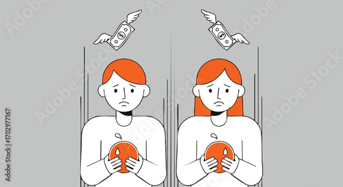 Sad people watch money fly away, feeling financial loss and despair with empty hearts