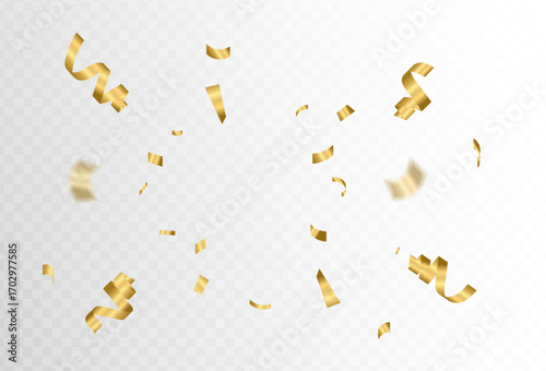 Realistic golden confetti and sparkling streamers falling down for a festive party celebration on a transparent background