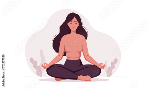 A serene young woman with long dark hair sits in a peaceful lotus meditation pose, finding inner calm in a minimalist, illustrative setting.