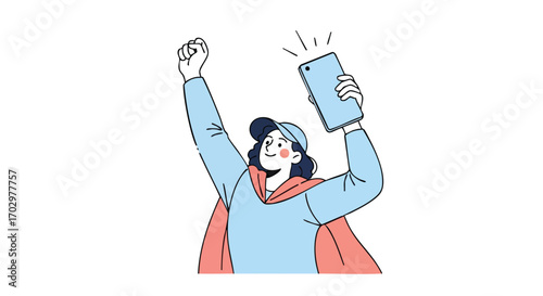 Young woman celebrates victory holding phone aloft, embracing success and modern communication joyfully