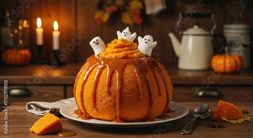 Whimsical Pumpkin Dessert with Ghosts and Caramel Sauce for Autumn Celebration