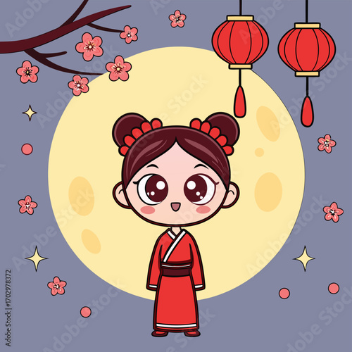 Animated girl in red kimono stands before the moon with hanging lanterns