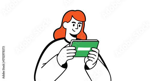 Smiling woman holding a green tablet, engaged with digital content in a modern, minimalist style.