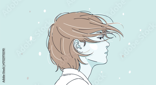 Contemplative young person with windblown hair gazes into distance, soft snowfall background.