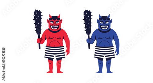 Powerful red and blue oni demons with clubs, embodying strength and mythic folklore