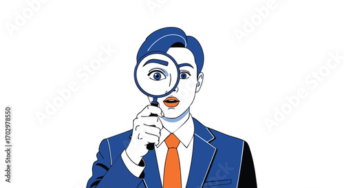 Curious businessman with magnifying glass intensely searching for opportunity and discovery