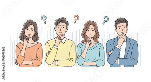 Confused diverse people pondering with question marks above heads, seeking answers and solutions