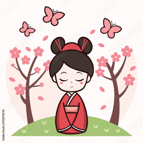 Cute Japanese girl with cherry blossom tree and butterflies smiles serenely with transparent background