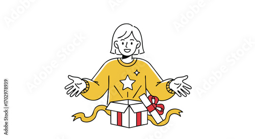 Joyful woman opens surprise gift box, radiating excitement and happiness