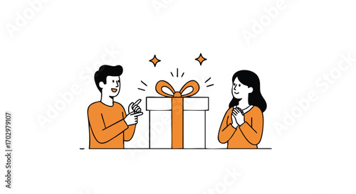 Excited couple receives a surprise gift, celebrating joy and connection with gratitude