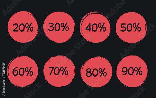 Grunge red round frames labelswith numbers and percent symbol, black friday seasonal sale