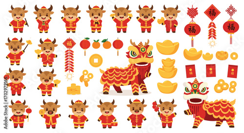 Joyful cartoon ox characters celebrating lunar new year with festive decorations and lion dance
