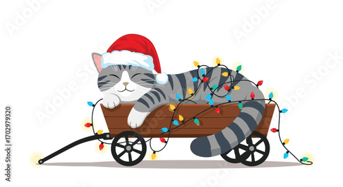 Adorable tabby cat in santa hat naps in wagon tangled with festive christmas lights