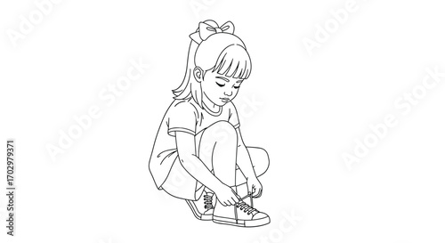 Young girl focused on tying her shoelaces, learning independence and readiness for adventure