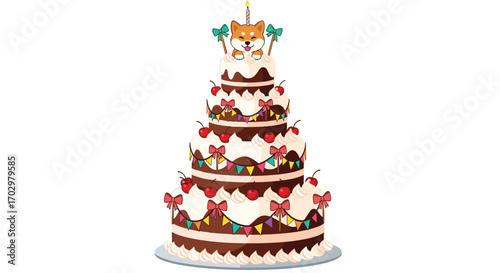 Joyful shiba inu dog celebrates birthday atop a festive multi-tiered chocolate cake with cherries and candles