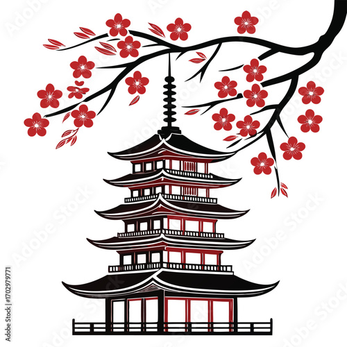 Black branch with red blossoms hangs above an ornate five story pagoda with transparent background