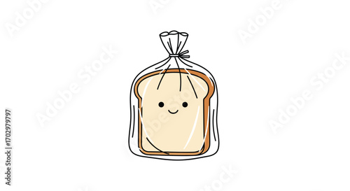Adorable cartoon bread slice with happy face in plastic packaging, perfect for food and fun themes.