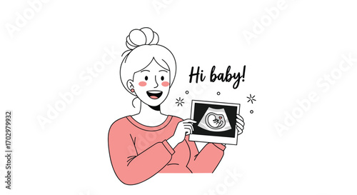 Joyful expectant mother announces pregnancy holding ultrasound scan with 'hi baby!' Text