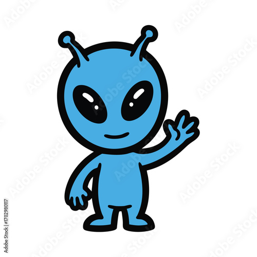 Adorable cartoon blue alien character waving hello with large eyes.