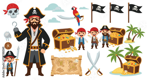 Adventure awaits with these fun cartoon pirates, treasure chests, and maps for exciting designs