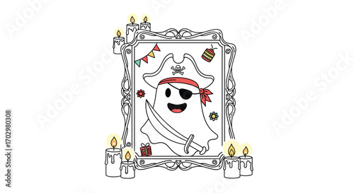 Spooky pirate ghost with sword and eyepatch framed by flickering candles, ready for halloween fun