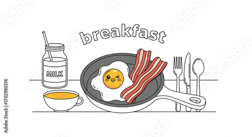 Adorable cartoon fried egg and bacon breakfast scene with milk and coffee, perfect for kids!