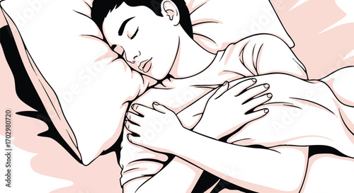 Peaceful young woman sleeping soundly on plush pillow, embracing comfort and rest