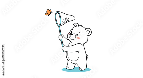 Cute cartoon bear happily chasing a butterfly with a net, capturing childhood joy and summer fun.