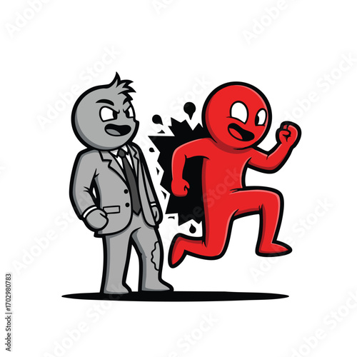 A happy red inner self character bursting free from an angry grey businessman cartoon.