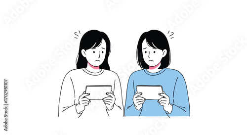 Two confused women holding smartphones, showing worry and uncertainty about content