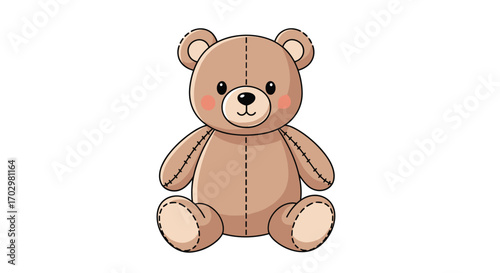 Adorable cartoon teddy bear with stitched seams and rosy cheeks, perfect for children's themes