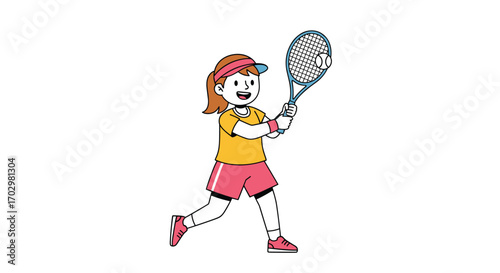 Energetic young girl playing tennis with a smile, ready to hit the ball during a match