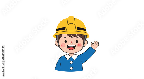 Cheerful child in hard hat waving hello, ready for adventure and learning about construction