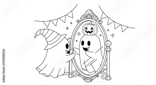 Cute ghost in witch hat admires festive pumpkin reflection in ornate mirror