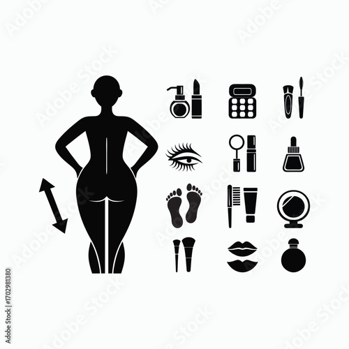 Female Body Beauty Makeup Cosmetic Skincare Fashion Icon Set Vector Illustration