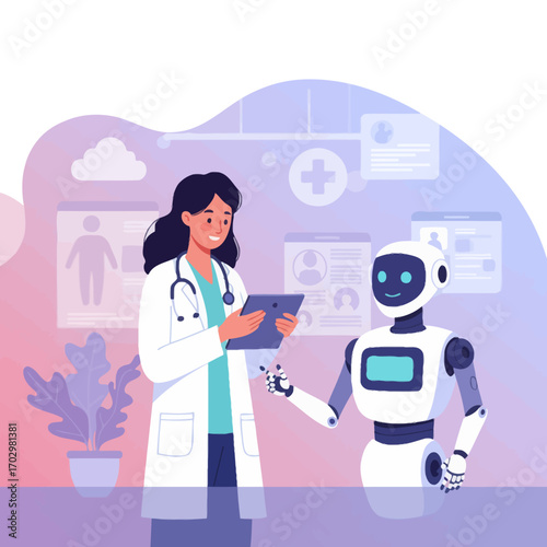 Vector illustration of a doctor collaborating with a medical robot in a smart healthcare environment