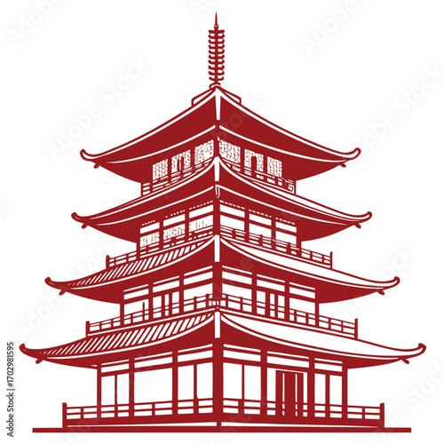 Crimson pagoda displays traditional architecture against a stark white backdrop, evoking serene majesty