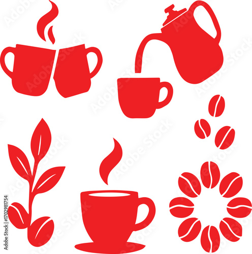 Vector illustration of Red Coffee Icons: Cups, Beans, and Plant