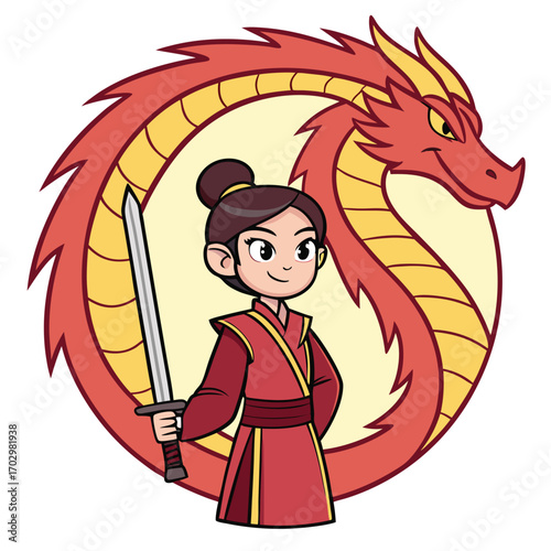 Smiling Asian girl holds sword while a friendly red dragon watches on