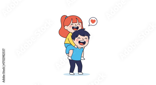Joyful couple sharing a piggyback ride with a heart symbol expressing love and happiness