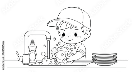 Young child happily washing dishes with bubbles and soap, learning responsibility in the kitchen