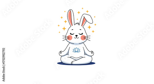 Serene white rabbit meditating peacefully surrounded by sparkling stars and a calming lotus flower