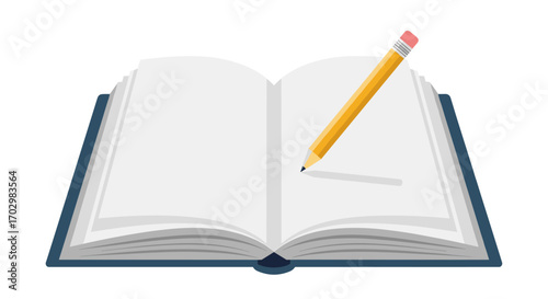 An open book with blank pages and a pencil. Template for study, note-taking, or creative writing. Isolated flat vector illustration for school or business.