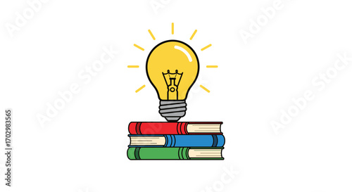 Knowledge is power concept. A cartoon drawing of a shining light bulb, representing a new idea, sitting on top of a pile of textbooks. Isolated vector illustration.