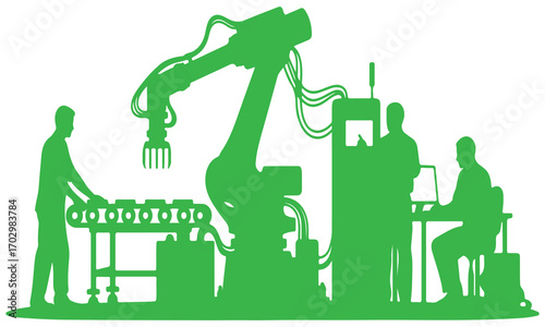 Vector illustration of Industrial Automation: Robotic Arm, Conveyor Belt, and Workers