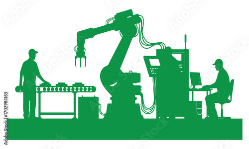 Vector illustration of Industrial robot arm with workers on assembly line